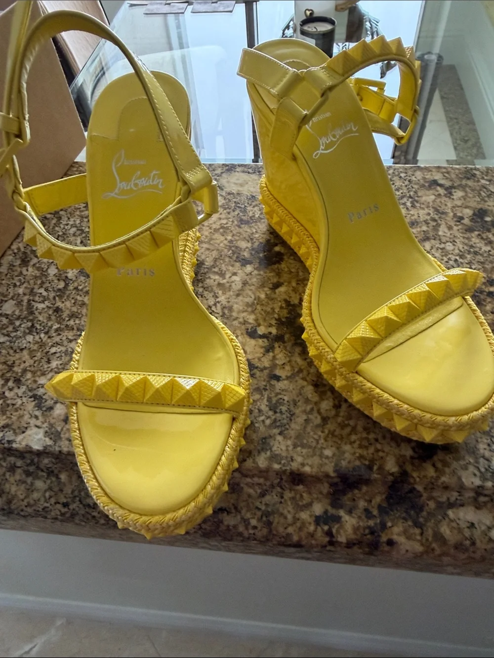 Christian Louboutin Yellow Pyramid-Stud Espadrille Wedges